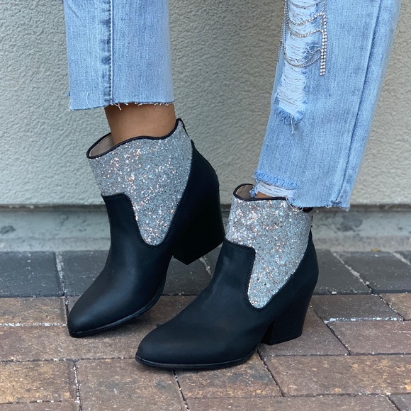 Black/Silver Glitter Embellished Ankle Booties - Picture 5 of 8